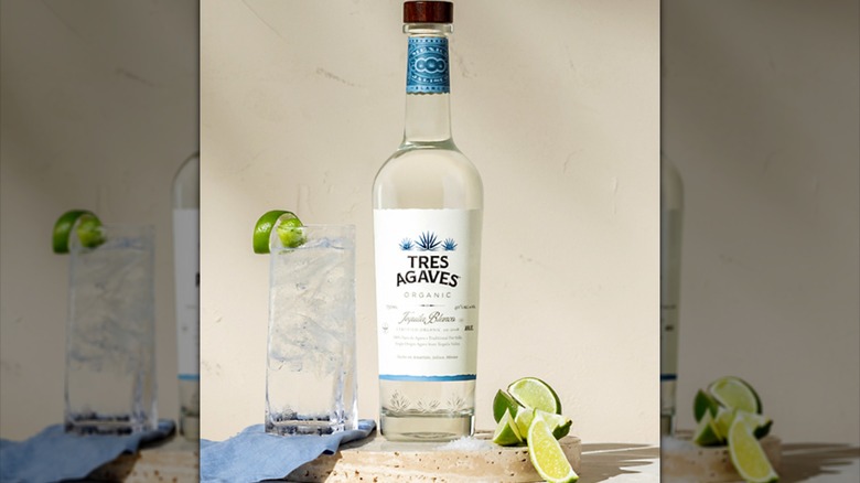 tequila bottle and glass with ice and lime slices