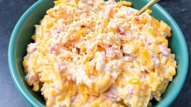 pimento cheese in blue bowl