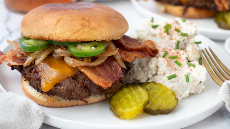 barbecue brisket smashburger with potato salad