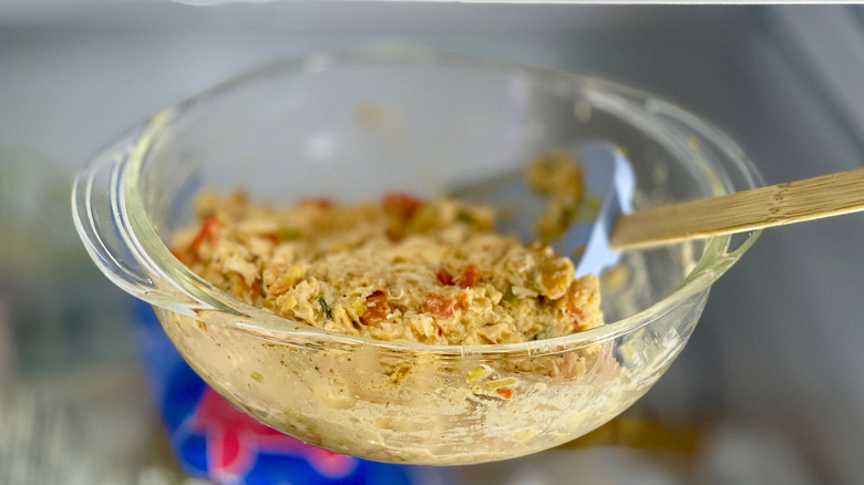 Crab ball mixture in bowl in fridge