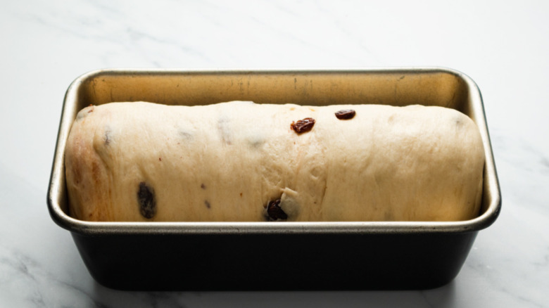 The rolled loaf of Cinnamon Raisin Bread