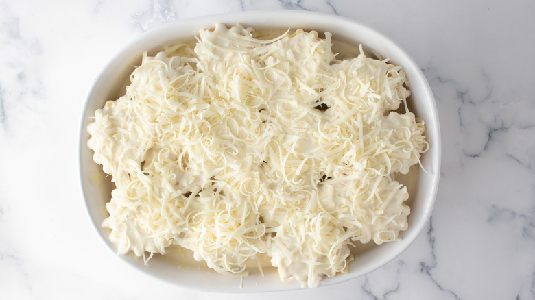 assembled salmon Alfredo lasagna dish