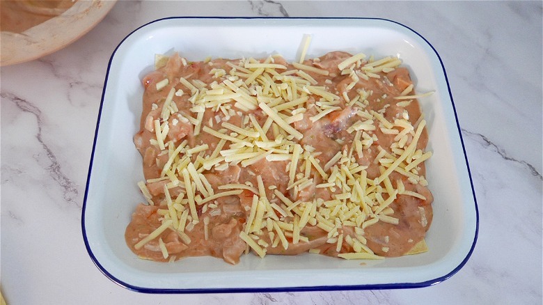 king ranch chicken casserole in dish 