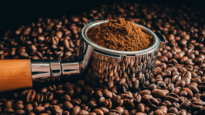 coffee beans and portafilter filled with ground coffee