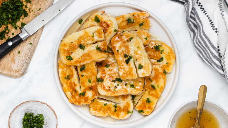 pan-seared halloumi in a bowl 