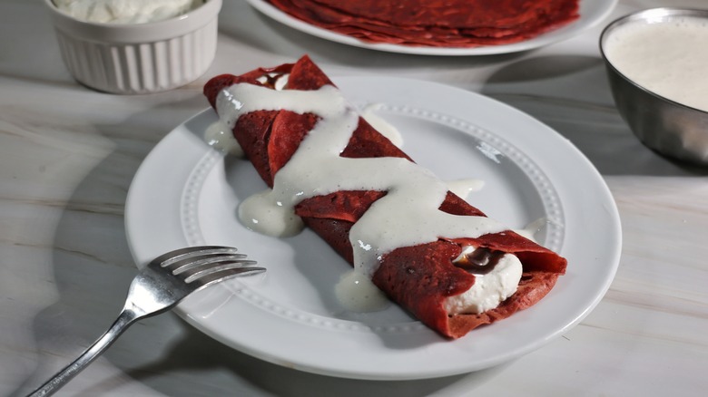 red velvet crepe on plate