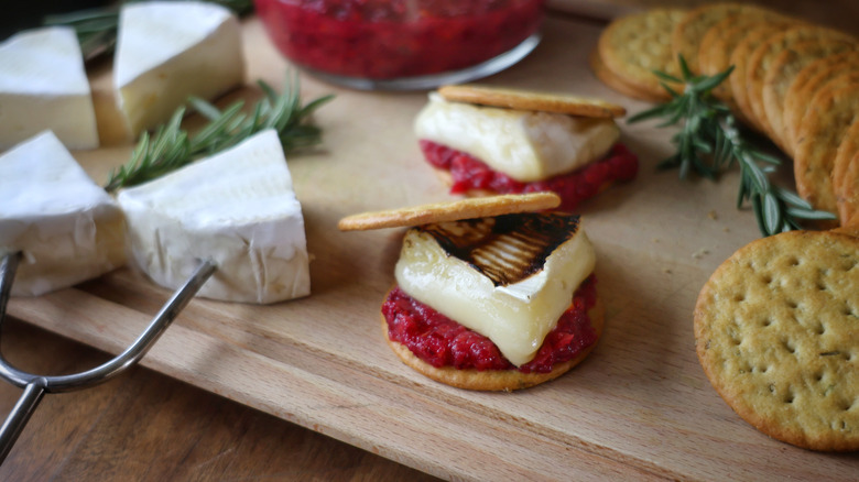 savory brie s'more with cranberry relish on herb cracker
