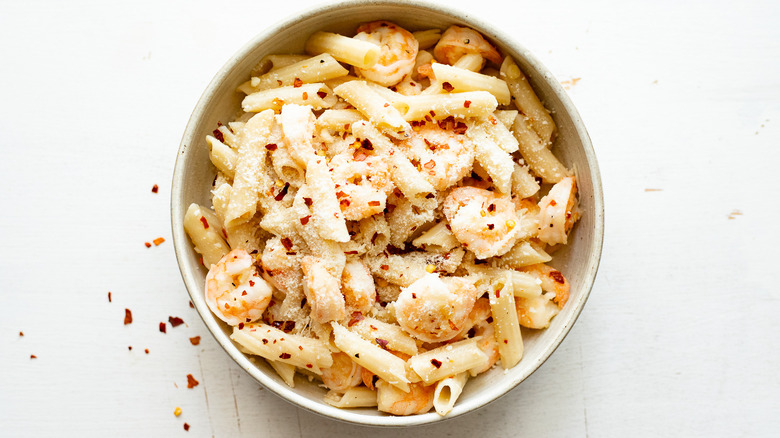spicy shrimp pasta in bowl