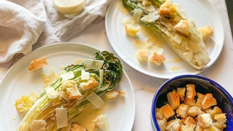 Grilled romaine lettuce with croutons