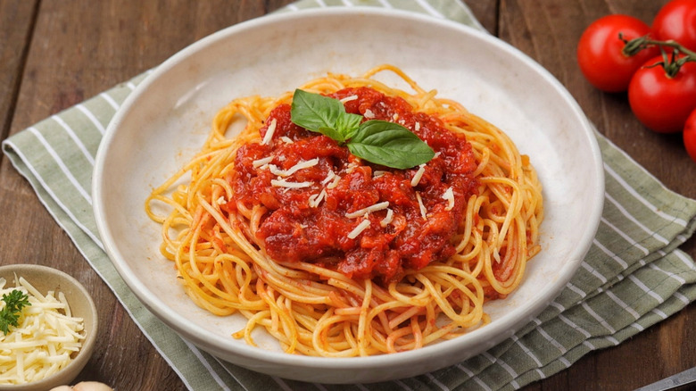 Bowl of spaghetti with marinara sauce and garnish