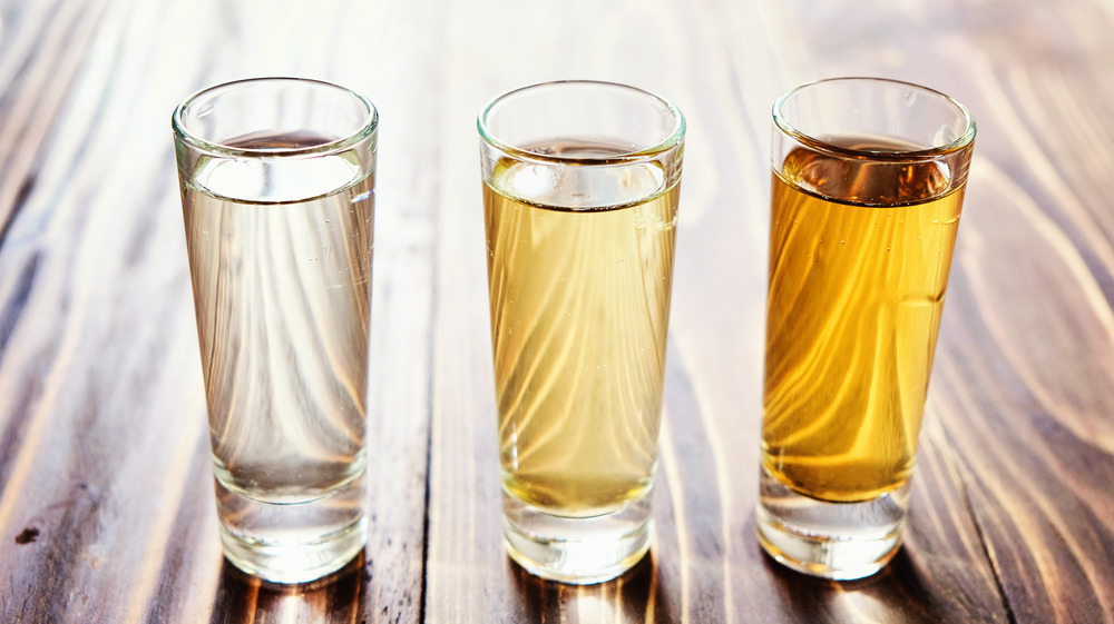 Three different types of tequila in shot glasses 