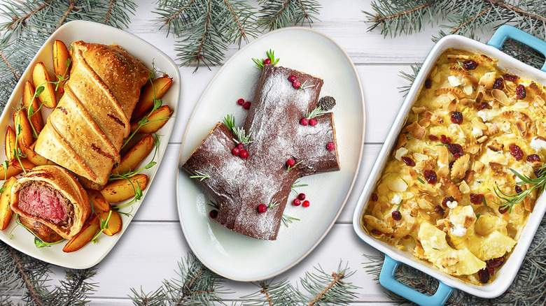 Beef Wellington, bûche de Noël, and pineapple casserole